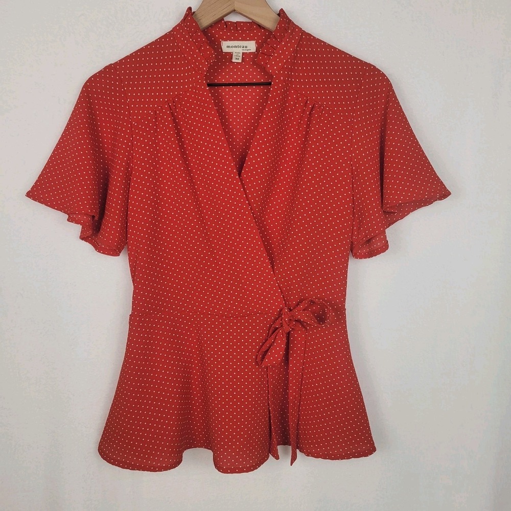 Red‎ Polka Dot Faux Wrap Flutter Sleeve Peplum Blouse M